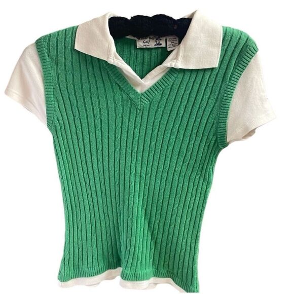 Coral Bay Golf Petites Collared Pullover Top Medium Petite Green White Vintage - Picture 1 of 6